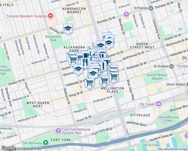 map of restaurants, bars, coffee shops, grocery stores, and more near 39 Brant Street in Toronto