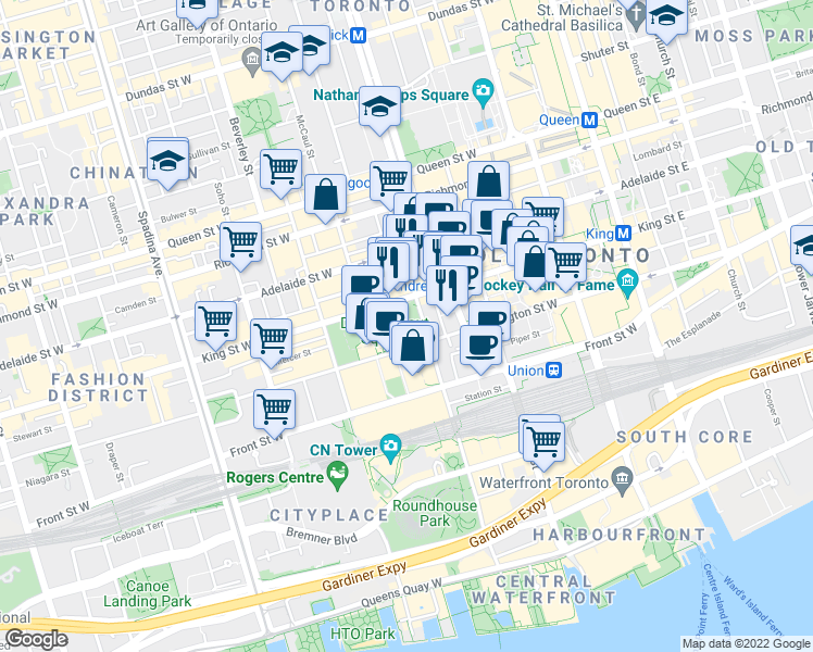 map of restaurants, bars, coffee shops, grocery stores, and more near 206 Wellington Street West in Toronto