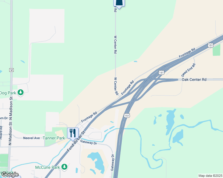 map of restaurants, bars, coffee shops, grocery stores, and more near N2876 West Center Road in Waupun