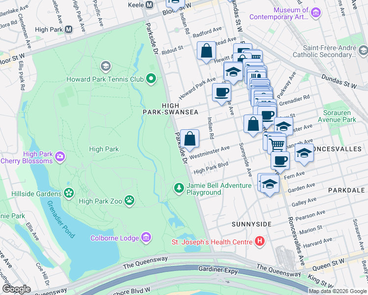 map of restaurants, bars, coffee shops, grocery stores, and more near 355 Parkside Drive in Toronto