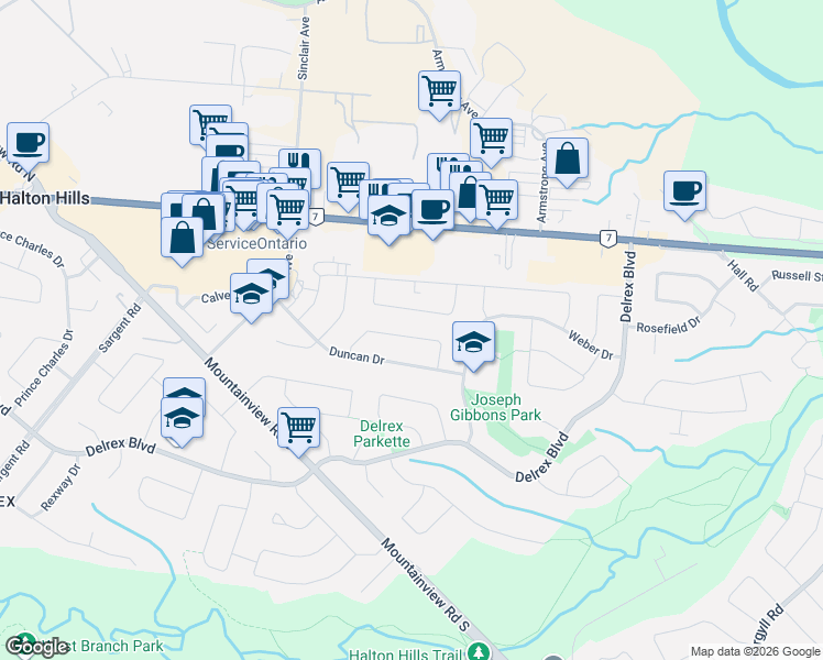 map of restaurants, bars, coffee shops, grocery stores, and more near 28 Langstone Crescent in Halton Hills