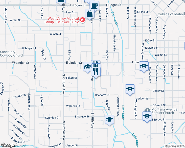 map of restaurants, bars, coffee shops, grocery stores, and more near 2800 South 10th Avenue in Caldwell