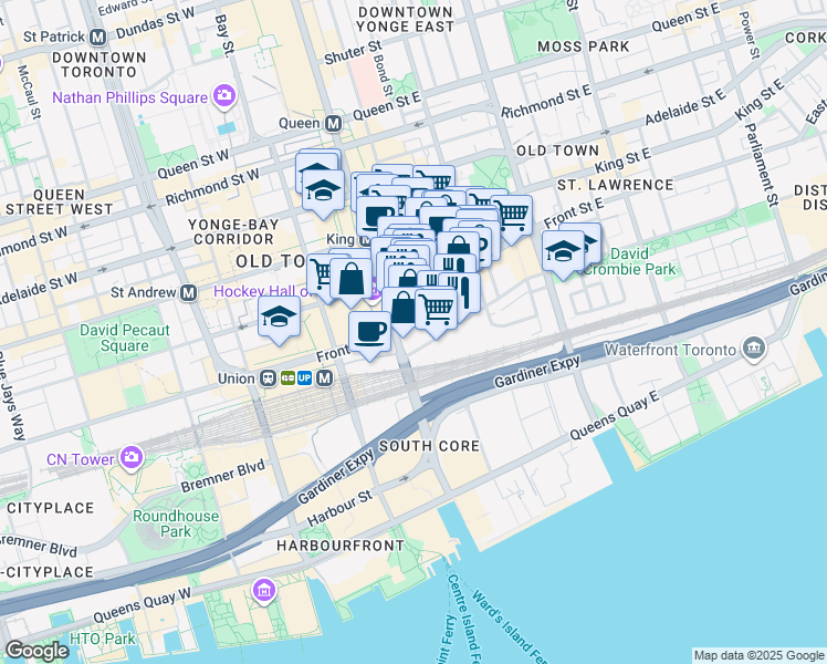 map of restaurants, bars, coffee shops, grocery stores, and more near 8 The Esplanade in Toronto