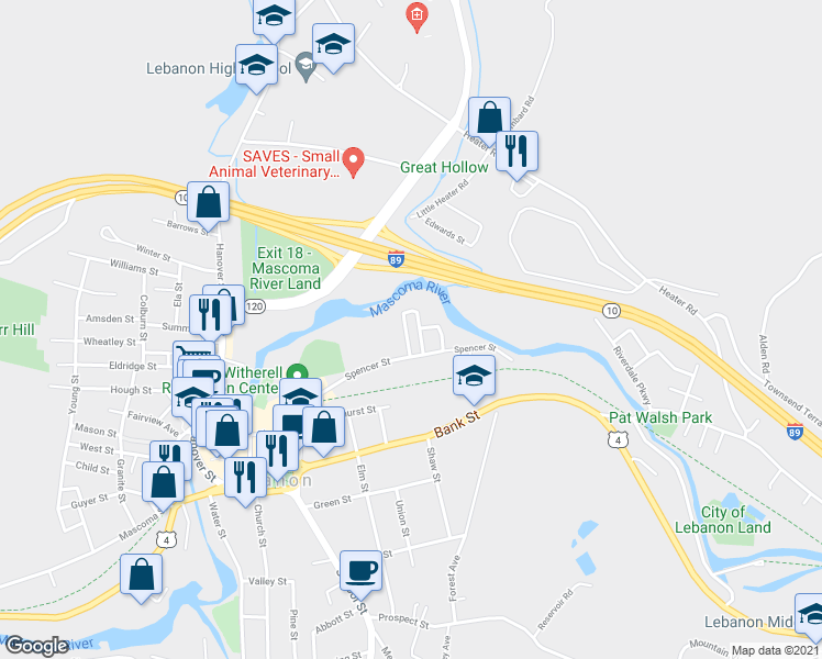 map of restaurants, bars, coffee shops, grocery stores, and more near 11 Mahan Street in Lebanon