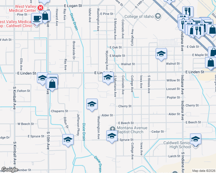 map of restaurants, bars, coffee shops, grocery stores, and more near 1100 Willow Street in Caldwell