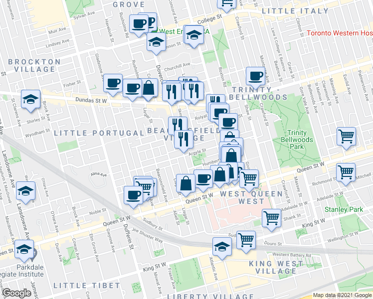 map of restaurants, bars, coffee shops, grocery stores, and more near 183 Dovercourt Road in Toronto