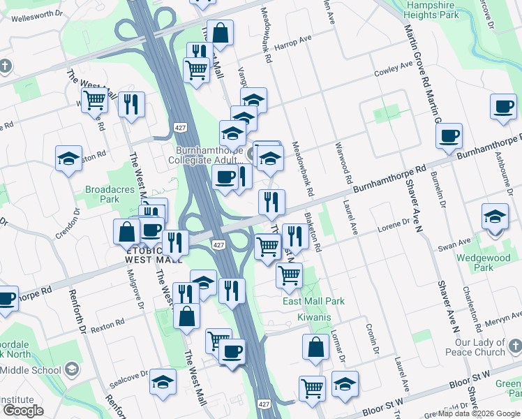 map of restaurants, bars, coffee shops, grocery stores, and more near 402 The East Mall in Toronto