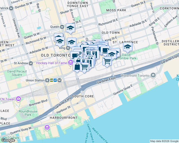 map of restaurants, bars, coffee shops, grocery stores, and more near 45 The Esplanade in Toronto