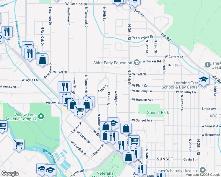 map of restaurants, bars, coffee shops, grocery stores, and more near 3880 Stacy Drive in Boise