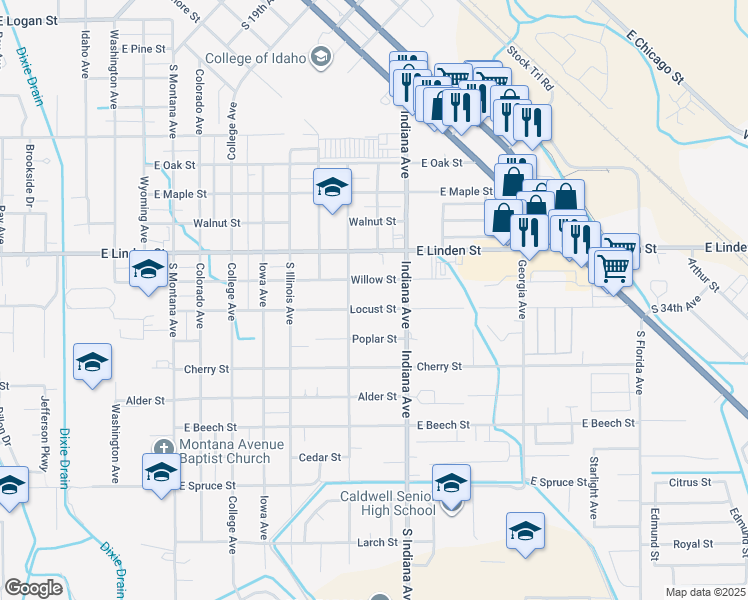 map of restaurants, bars, coffee shops, grocery stores, and more near 1921 Willow Street in Caldwell