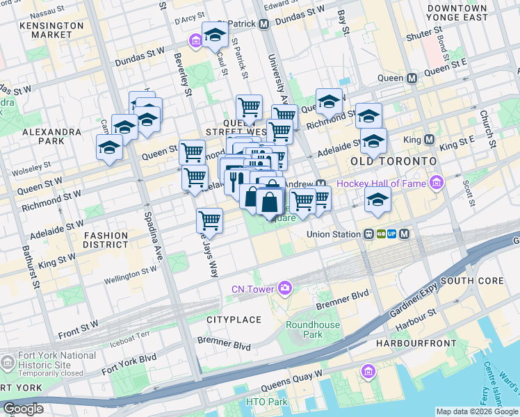 map of restaurants, bars, coffee shops, grocery stores, and more near 245 King Street West in Toronto