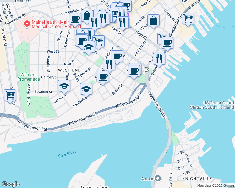 map of restaurants, bars, coffee shops, grocery stores, and more near 12 Briggs Street in Portland