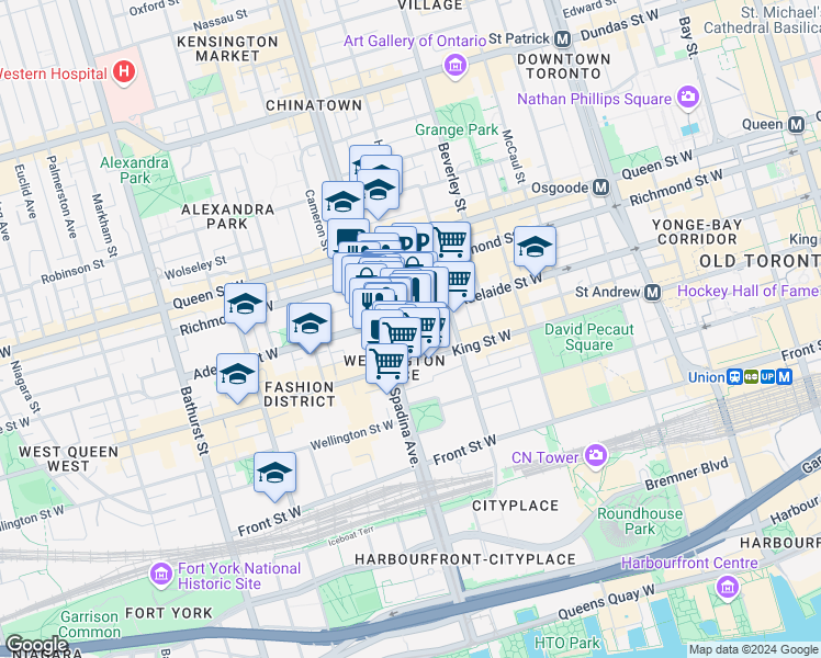 map of restaurants, bars, coffee shops, grocery stores, and more near 119 Spadina Avenue in Toronto