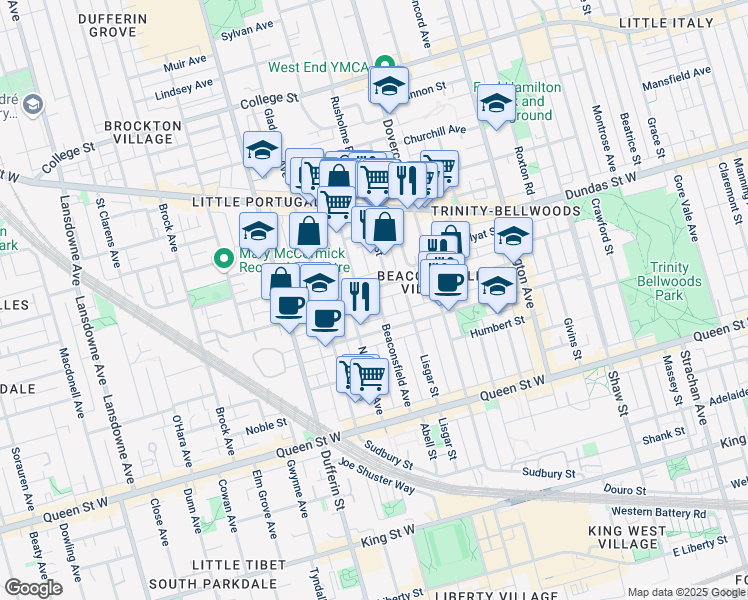 map of restaurants, bars, coffee shops, grocery stores, and more near in Toronto