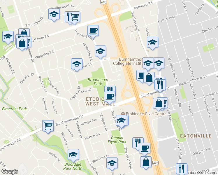map of restaurants, bars, coffee shops, grocery stores, and more near in Toronto