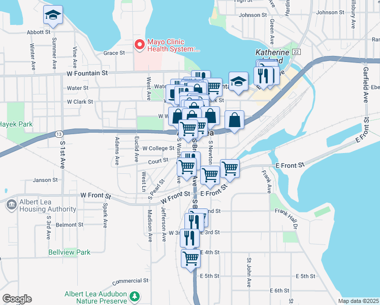 map of restaurants, bars, coffee shops, grocery stores, and more near 340 U.S. 65 in Albert Lea