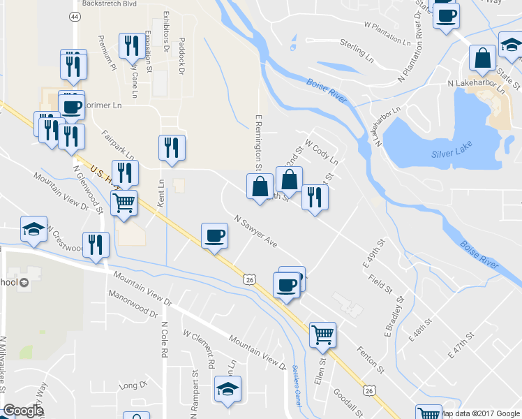 map of restaurants, bars, coffee shops, grocery stores, and more near 5220 N Sawyer Ave in Garden City