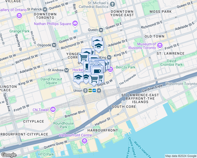 map of restaurants, bars, coffee shops, grocery stores, and more near 200 Bay Street in Toronto