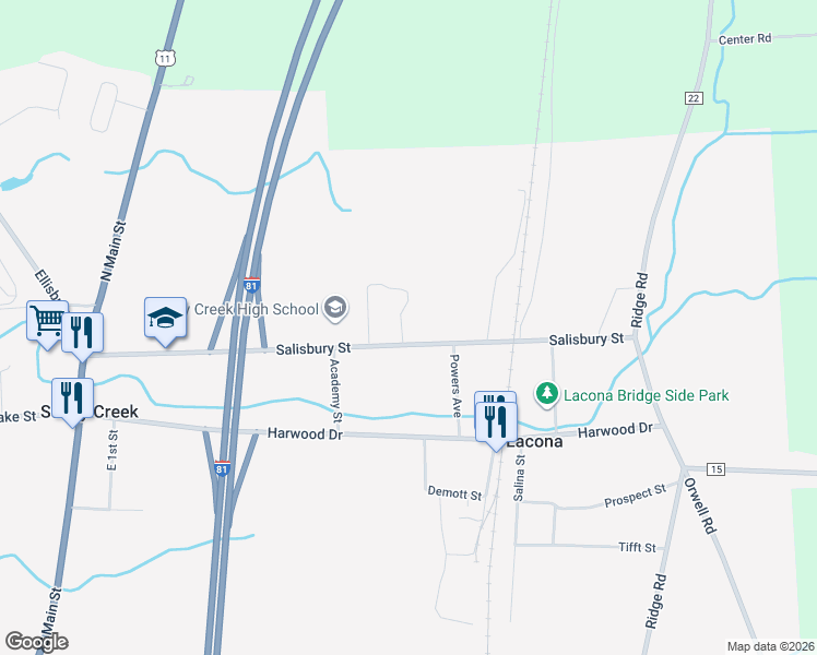 map of restaurants, bars, coffee shops, grocery stores, and more near 94 Salisbury Street in Lacona