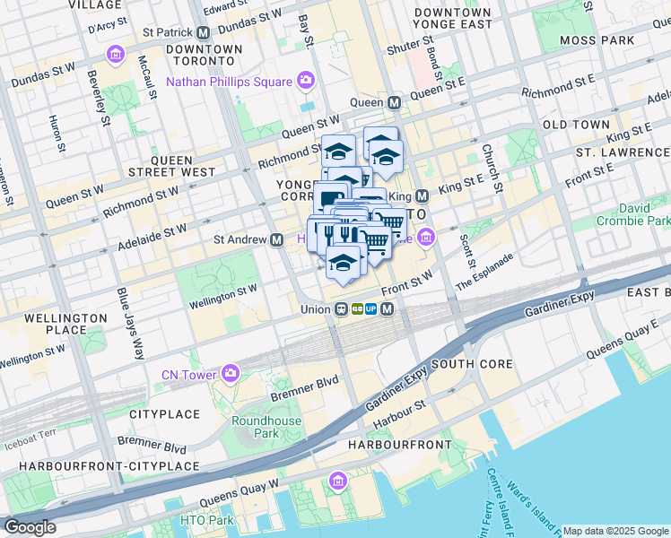 map of restaurants, bars, coffee shops, grocery stores, and more near 95 Wellington Street West in Toronto