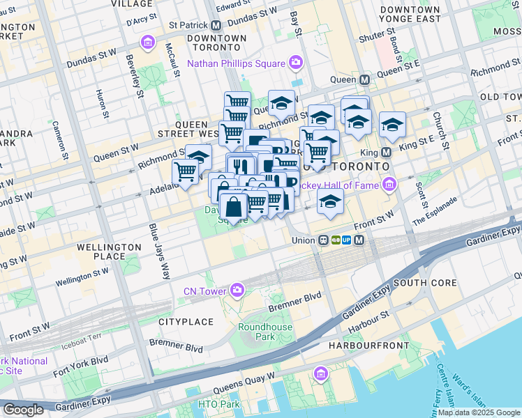 map of restaurants, bars, coffee shops, grocery stores, and more near 71 Simcoe Street in Toronto