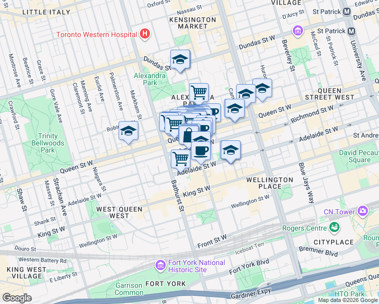 map of restaurants, bars, coffee shops, grocery stores, and more near 543 Richmond Street West in Toronto