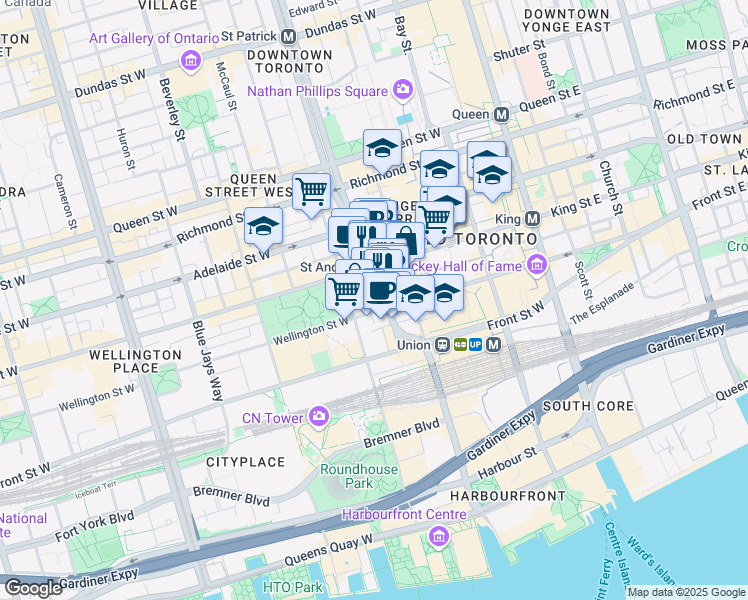 map of restaurants, bars, coffee shops, grocery stores, and more near in Toronto