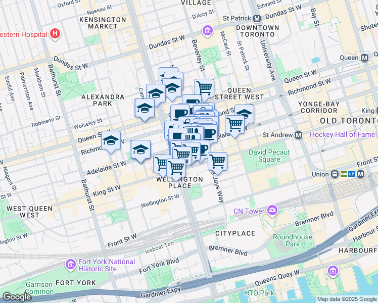 map of restaurants, bars, coffee shops, grocery stores, and more near 36 Charlotte Street in Toronto
