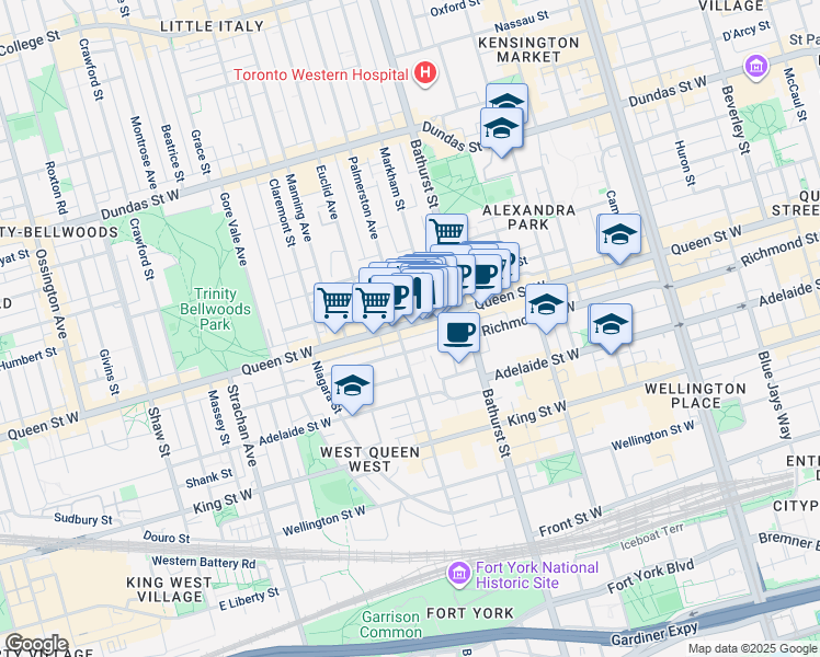 map of restaurants, bars, coffee shops, grocery stores, and more near 6 Markham Street in Toronto