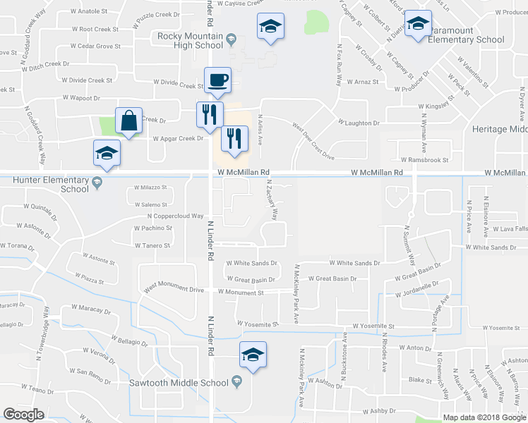 map of restaurants, bars, coffee shops, grocery stores, and more near 1343 West Cobblefield Court in Meridian