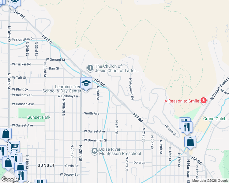 map of restaurants, bars, coffee shops, grocery stores, and more near 3001 North 24th Street in Boise