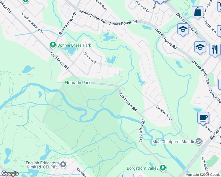 map of restaurants, bars, coffee shops, grocery stores, and more near 8406 Creditview Road in Brampton