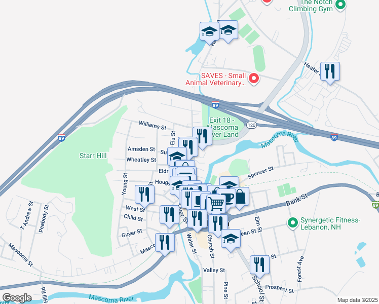 map of restaurants, bars, coffee shops, grocery stores, and more near 114 New Hampshire 120 in Lebanon