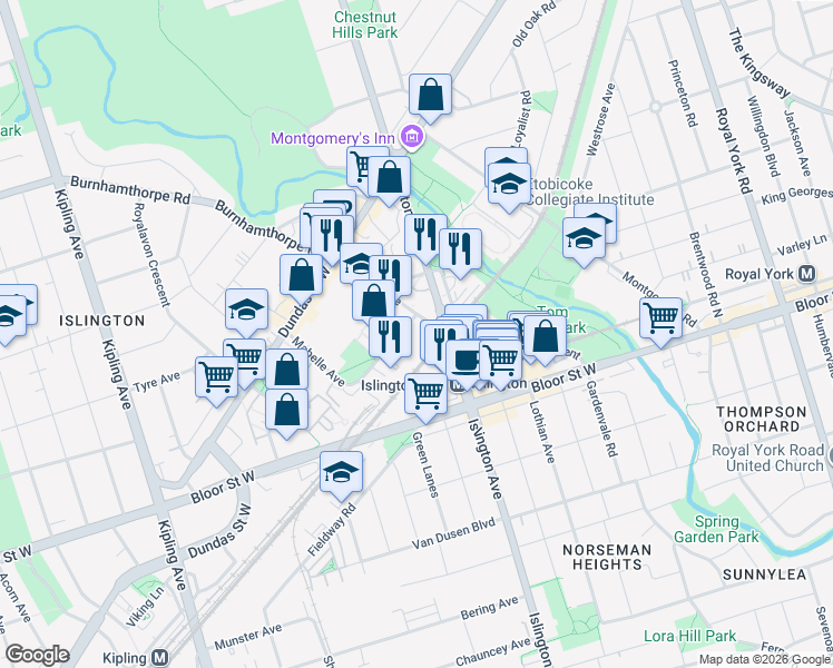 map of restaurants, bars, coffee shops, grocery stores, and more near 5 Mabelle Avenue in Toronto