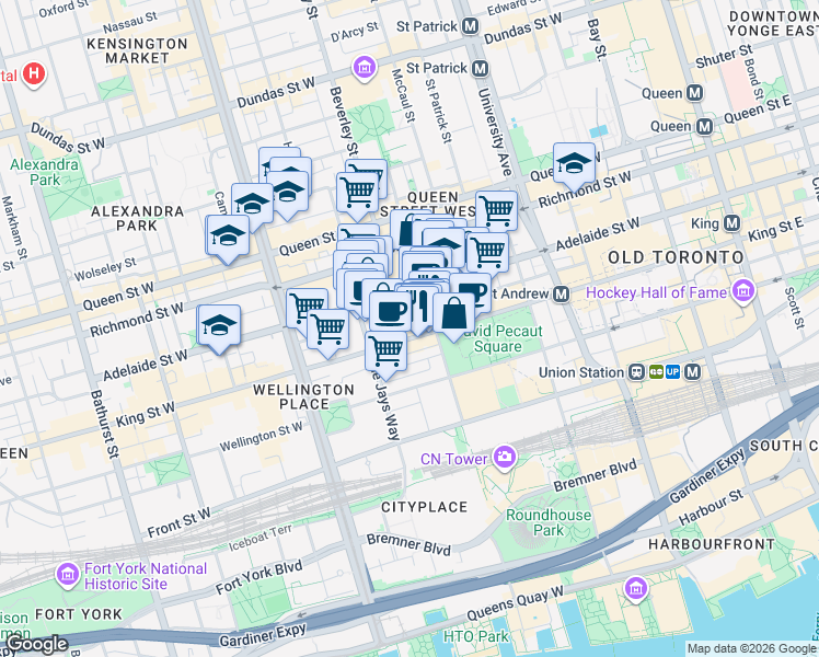 map of restaurants, bars, coffee shops, grocery stores, and more near 80 John Street in Toronto