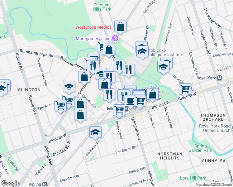 map of restaurants, bars, coffee shops, grocery stores, and more near 5 Mabelle Avenue in Toronto