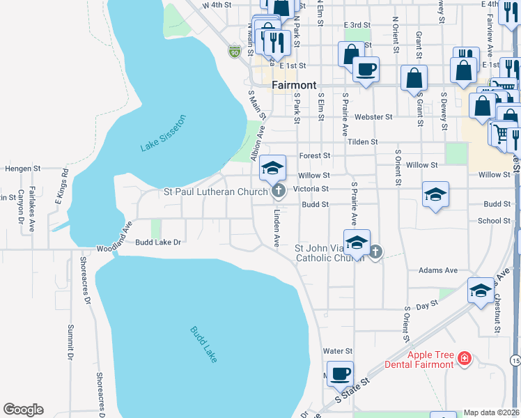 map of restaurants, bars, coffee shops, grocery stores, and more near 1950 Oxford Street in Fairmont