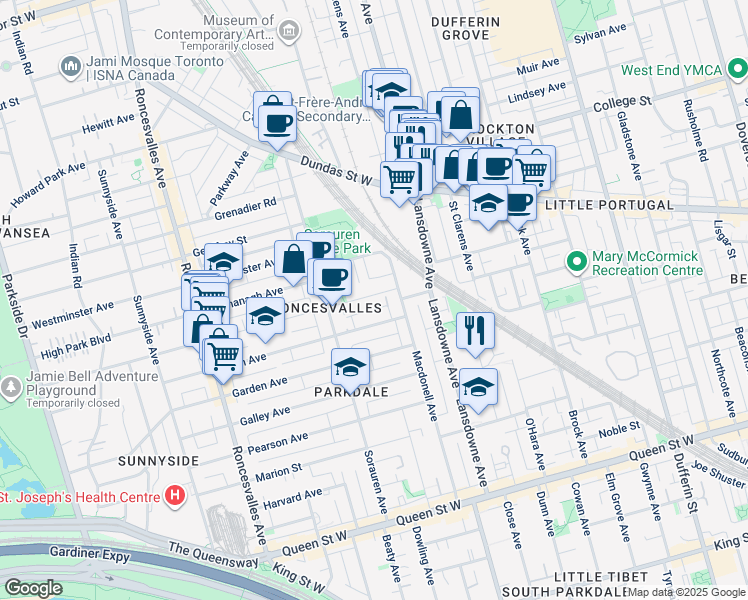 map of restaurants, bars, coffee shops, grocery stores, and more near 21 Wright Avenue in Toronto