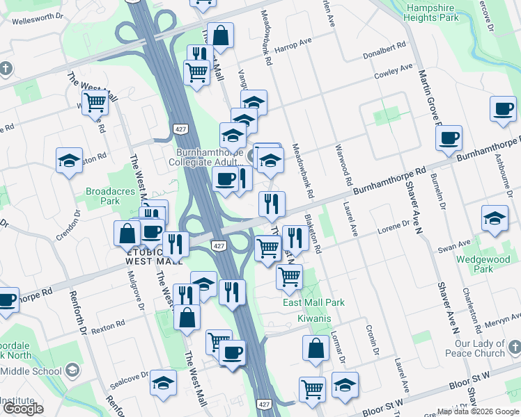 map of restaurants, bars, coffee shops, grocery stores, and more near 400 The East Mall in Toronto
