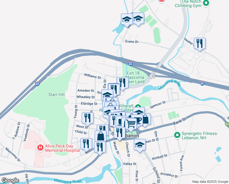 map of restaurants, bars, coffee shops, grocery stores, and more near 114 New Hampshire 120 in Lebanon