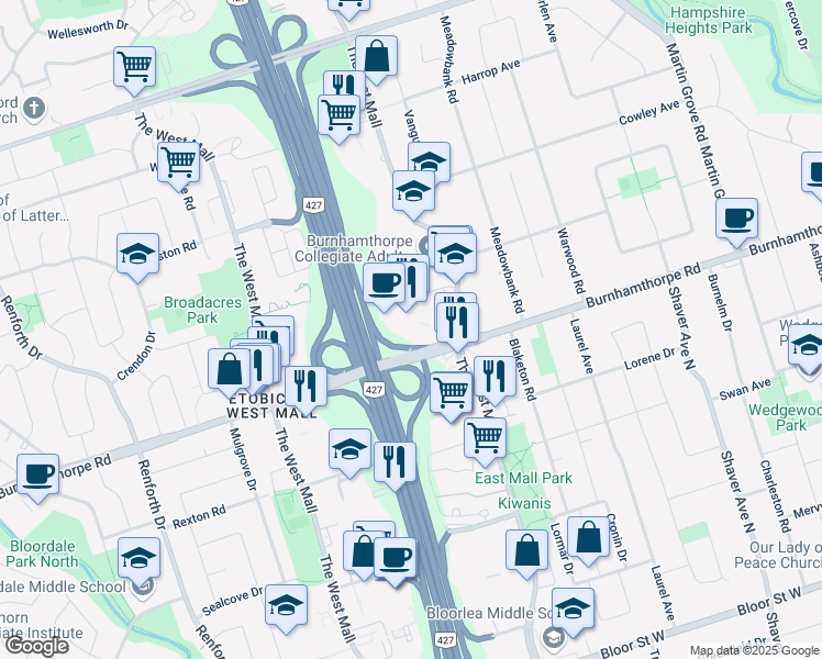 map of restaurants, bars, coffee shops, grocery stores, and more near in Toronto