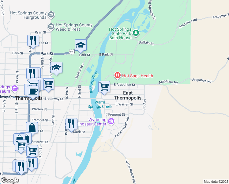 map of restaurants, bars, coffee shops, grocery stores, and more near 127 E Arapahoe St in Thermopolis