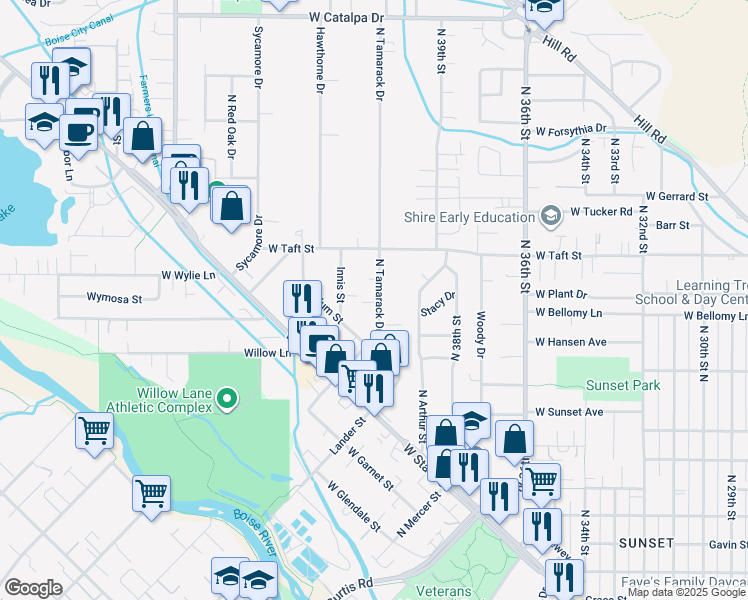 map of restaurants, bars, coffee shops, grocery stores, and more near 2920 North Tamarack Drive in Boise