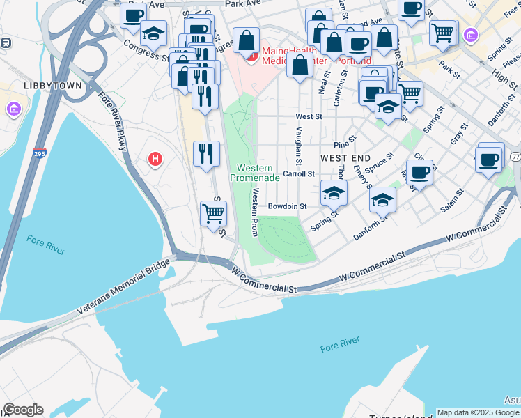map of restaurants, bars, coffee shops, grocery stores, and more near 55 Bowdoin Street in Portland
