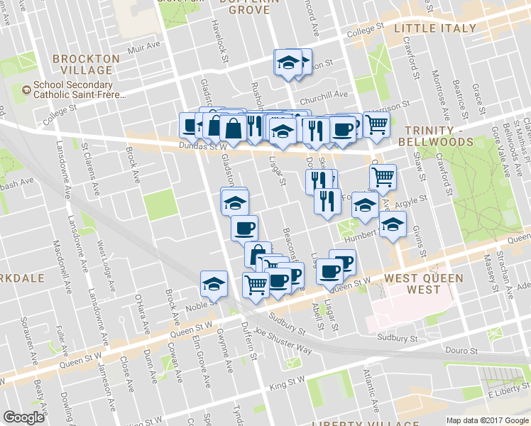 map of restaurants, bars, coffee shops, grocery stores, and more near in Toronto