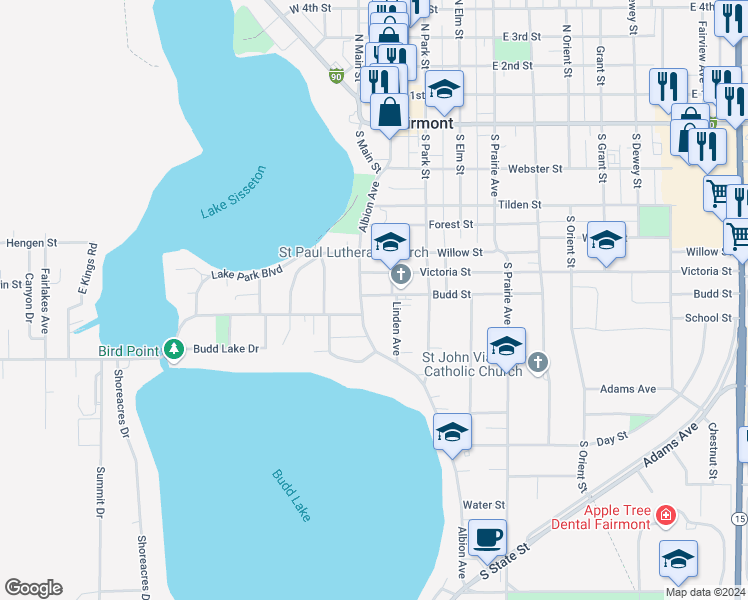 map of restaurants, bars, coffee shops, grocery stores, and more near 1950 Oxford Street in Fairmont
