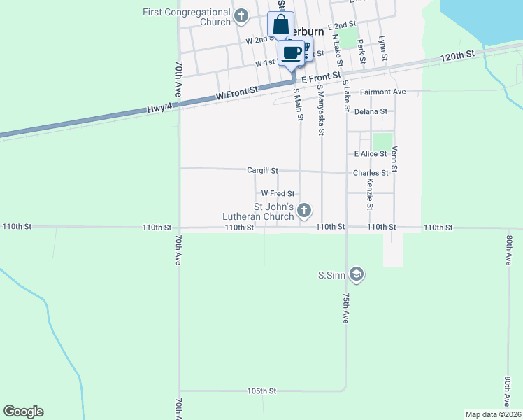 map of restaurants, bars, coffee shops, grocery stores, and more near 306 South Prairie Street in Sherburn