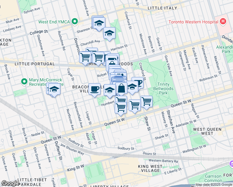 map of restaurants, bars, coffee shops, grocery stores, and more near 53 Argyle Street in Toronto