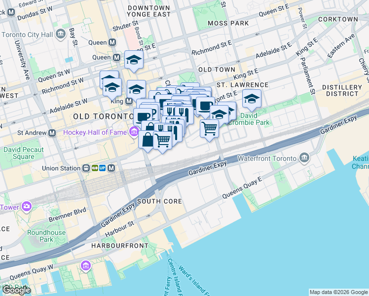 map of restaurants, bars, coffee shops, grocery stores, and more near in Toronto