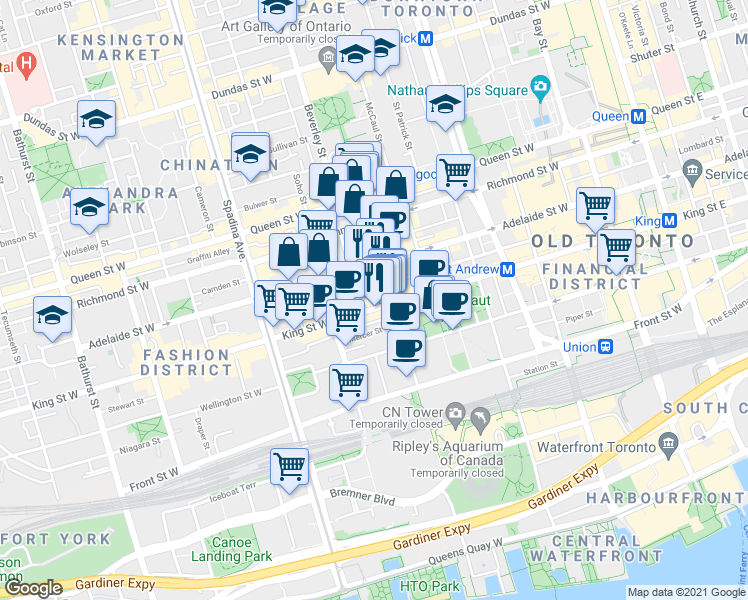 map of restaurants, bars, coffee shops, grocery stores, and more near 80 John Street in Toronto